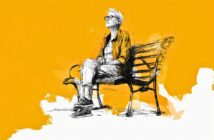 A sketch of a person with short hair and glasses sitting on a bench, wearing a jacket and pants, against a bright yellow background with abstract white accents.