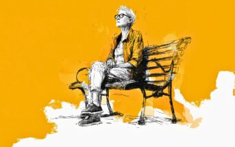 A sketch of a person with short hair and glasses sitting on a bench, wearing a jacket and pants, against a bright yellow background with abstract white accents.