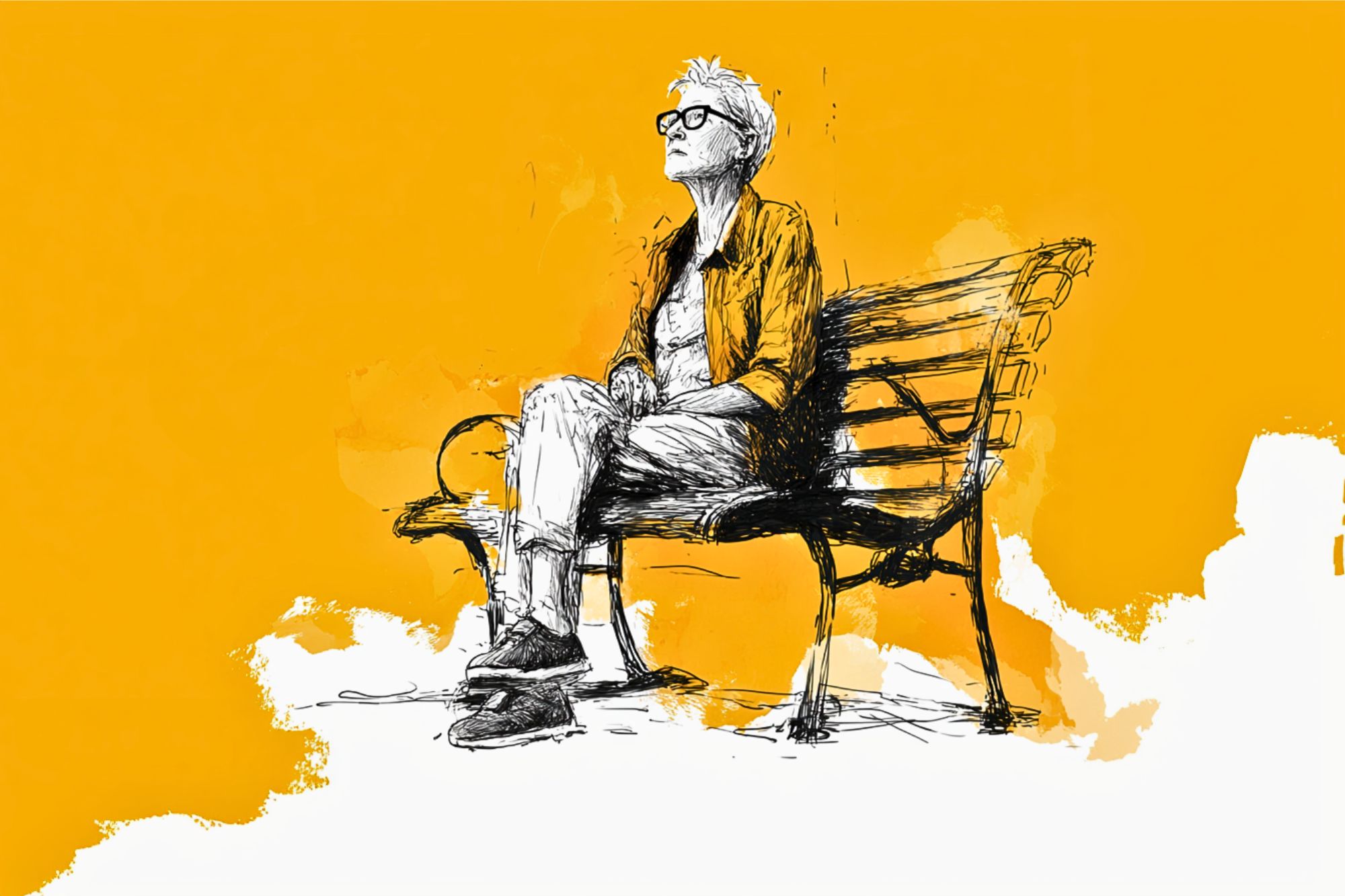 A sketch of a person with short hair and glasses sitting on a bench, wearing a jacket and pants, against a bright yellow background with abstract white accents.