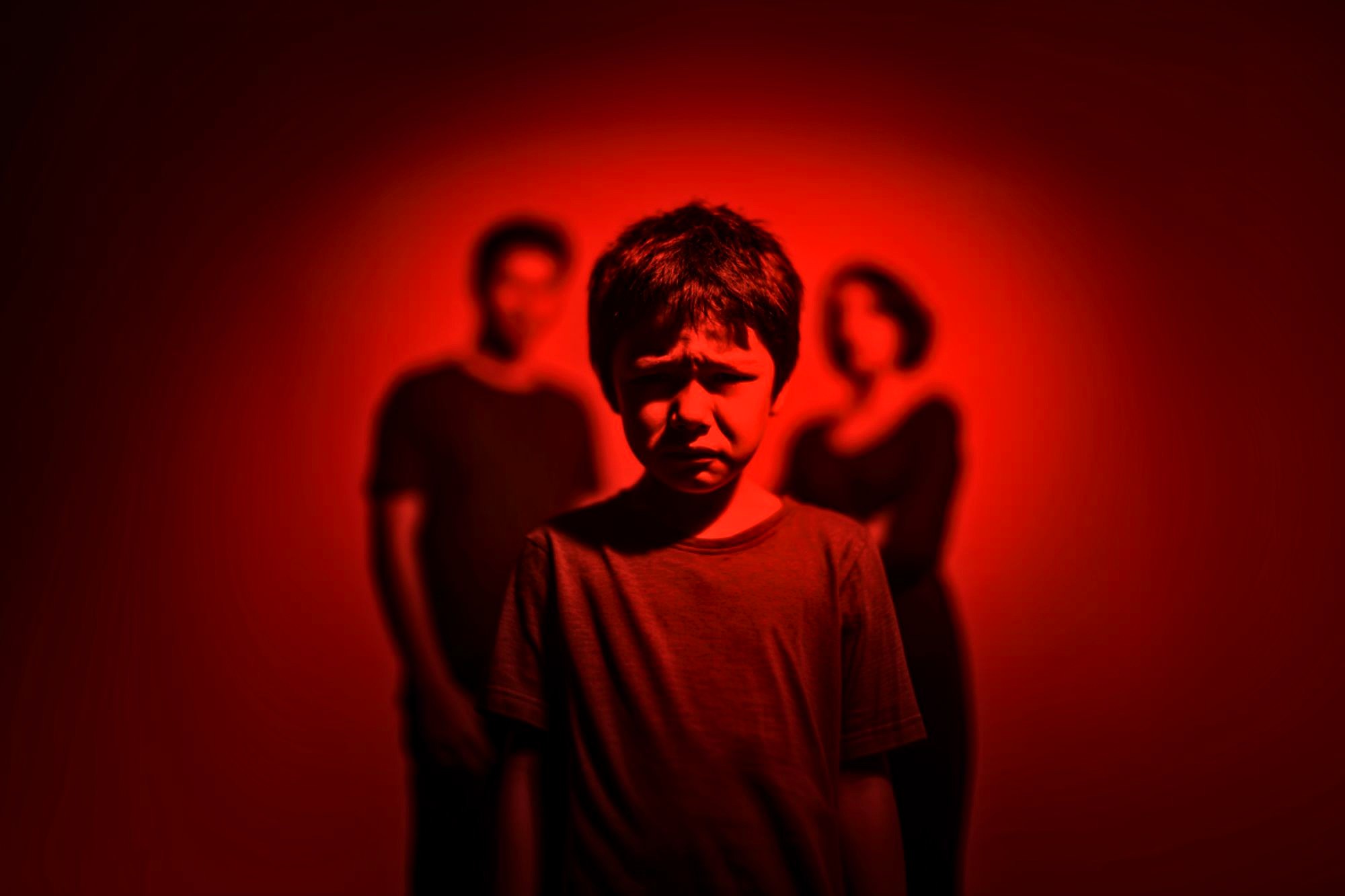 A young boy stands in the foreground with a sad expression, while two adults stand blurred in the background. The entire scene is illuminated with a dramatic red light.