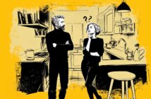 An illustrated man and woman stand in a kitchen, both wearing dark outfits. The woman looks puzzled with question marks above her head, while the man looks at her with arms crossed. The scene has a yellow background.