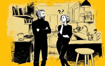 An illustrated man and woman stand in a kitchen, both wearing dark outfits. The woman looks puzzled with question marks above her head, while the man looks at her with arms crossed. The scene has a yellow background.