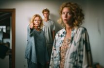 A woman in the foreground looks distressed while another woman points accusatorily at her. A young man stands in the background, watching the tense scene. The mood is serious and emotional.