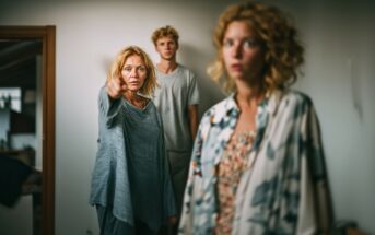 A woman in the foreground looks distressed while another woman points accusatorily at her. A young man stands in the background, watching the tense scene. The mood is serious and emotional.