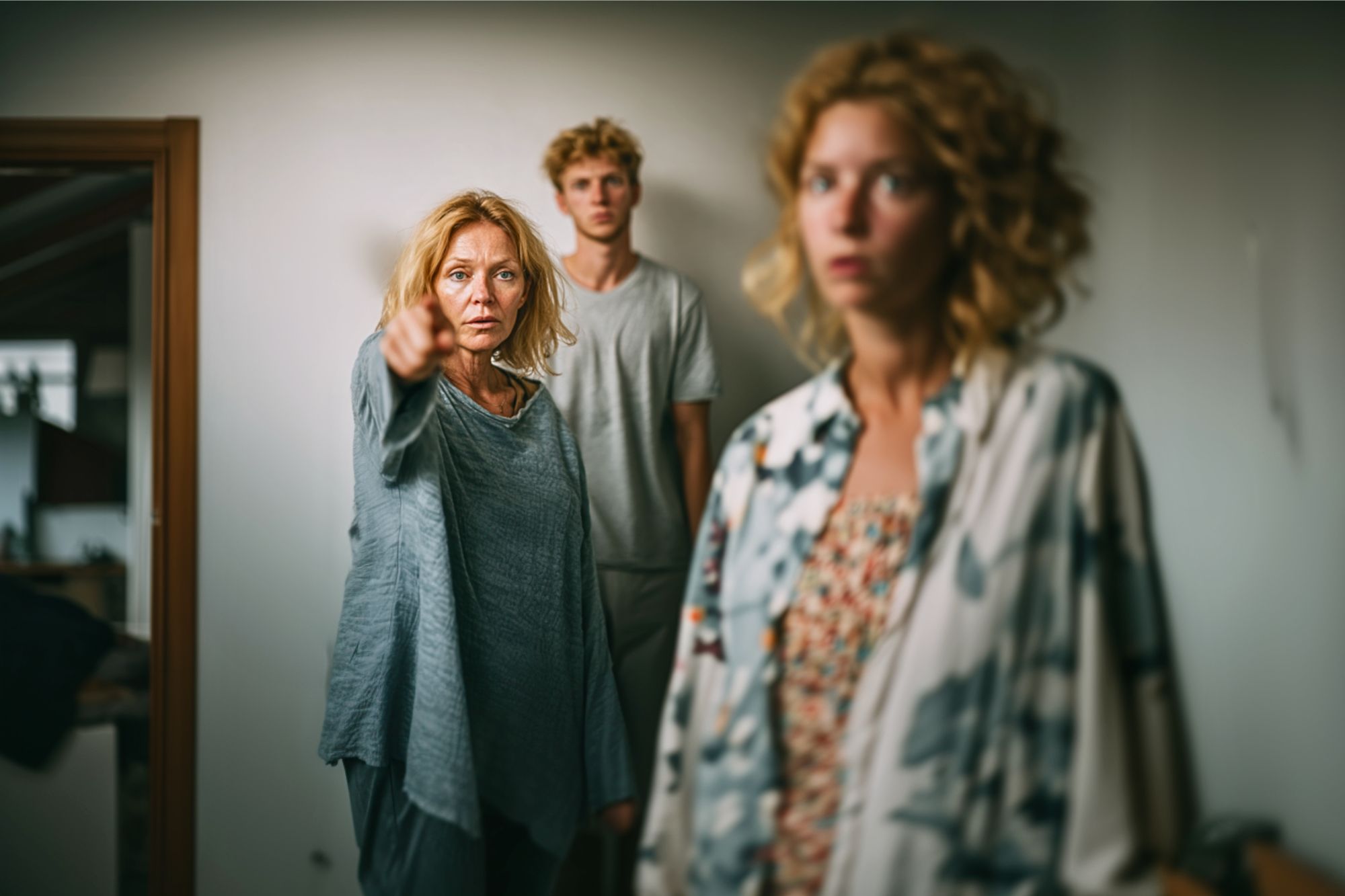 A woman in the foreground looks distressed while another woman points accusatorily at her. A young man stands in the background, watching the tense scene. The mood is serious and emotional.