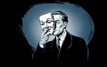 An illustrated man in a suit holds a white theatrical mask in front of his face, revealing his serious expression behind it, against a dark, shadowy background.