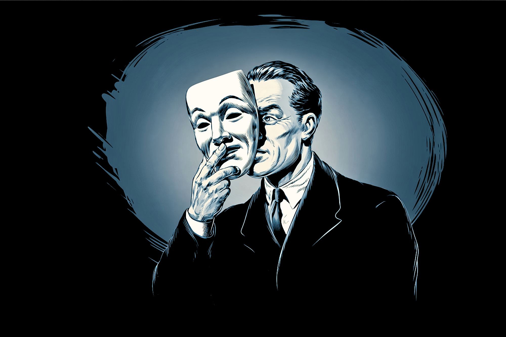 An illustrated man in a suit holds a white theatrical mask in front of his face, revealing his serious expression behind it, against a dark, shadowy background.