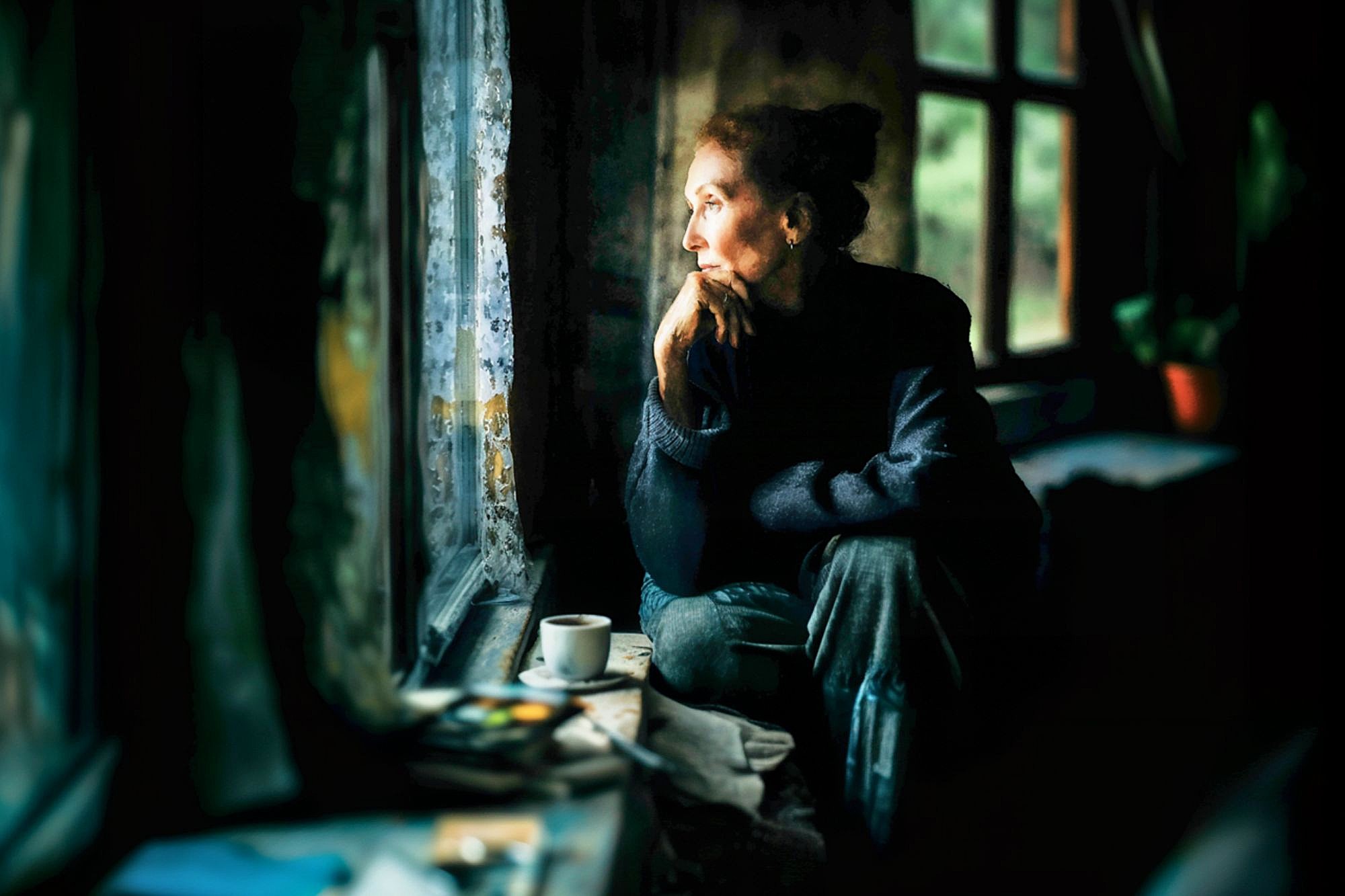 An elderly woman sits by a window with her chin resting on her hand, gazing outside thoughtfully. Soft light illuminates her face. A cup and some papers sit on the windowsill beside her.