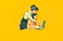 Two women work together at a desk against a yellow background; one stands and points at a laptop screen while the other sits, focused, with a pencil in her mouth. A cup and notebook are also on the table.