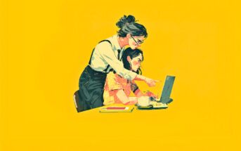 Two women work together at a desk against a yellow background; one stands and points at a laptop screen while the other sits, focused, with a pencil in her mouth. A cup and notebook are also on the table.