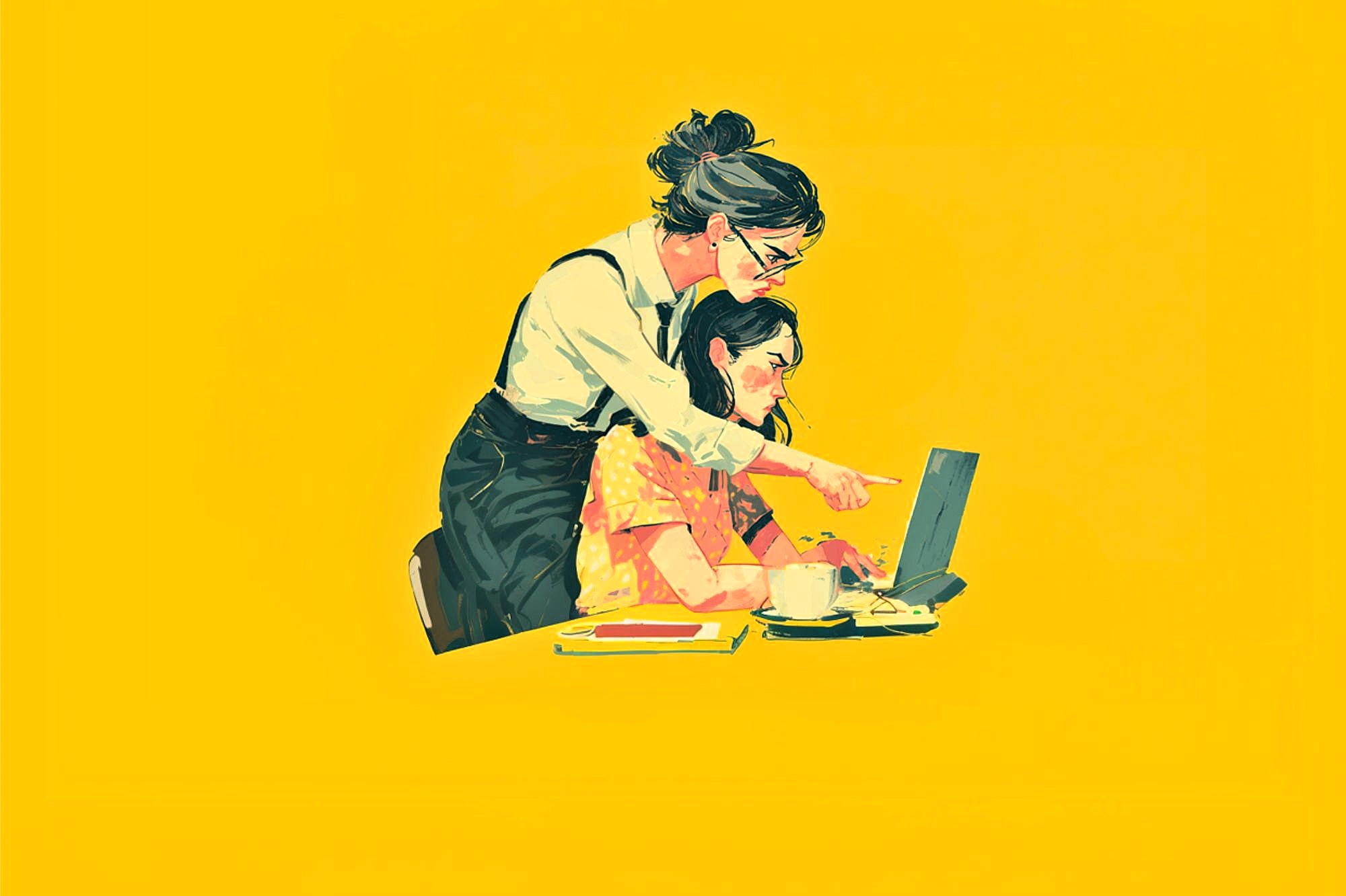 Two women work together at a desk against a yellow background; one stands and points at a laptop screen while the other sits, focused, with a pencil in her mouth. A cup and notebook are also on the table.