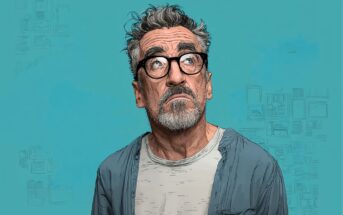 An older man with gray hair, a beard, and glasses looks up thoughtfully. He is wearing a white shirt and an open blue jacket, standing against a plain teal background with faint sketches of picture frames.