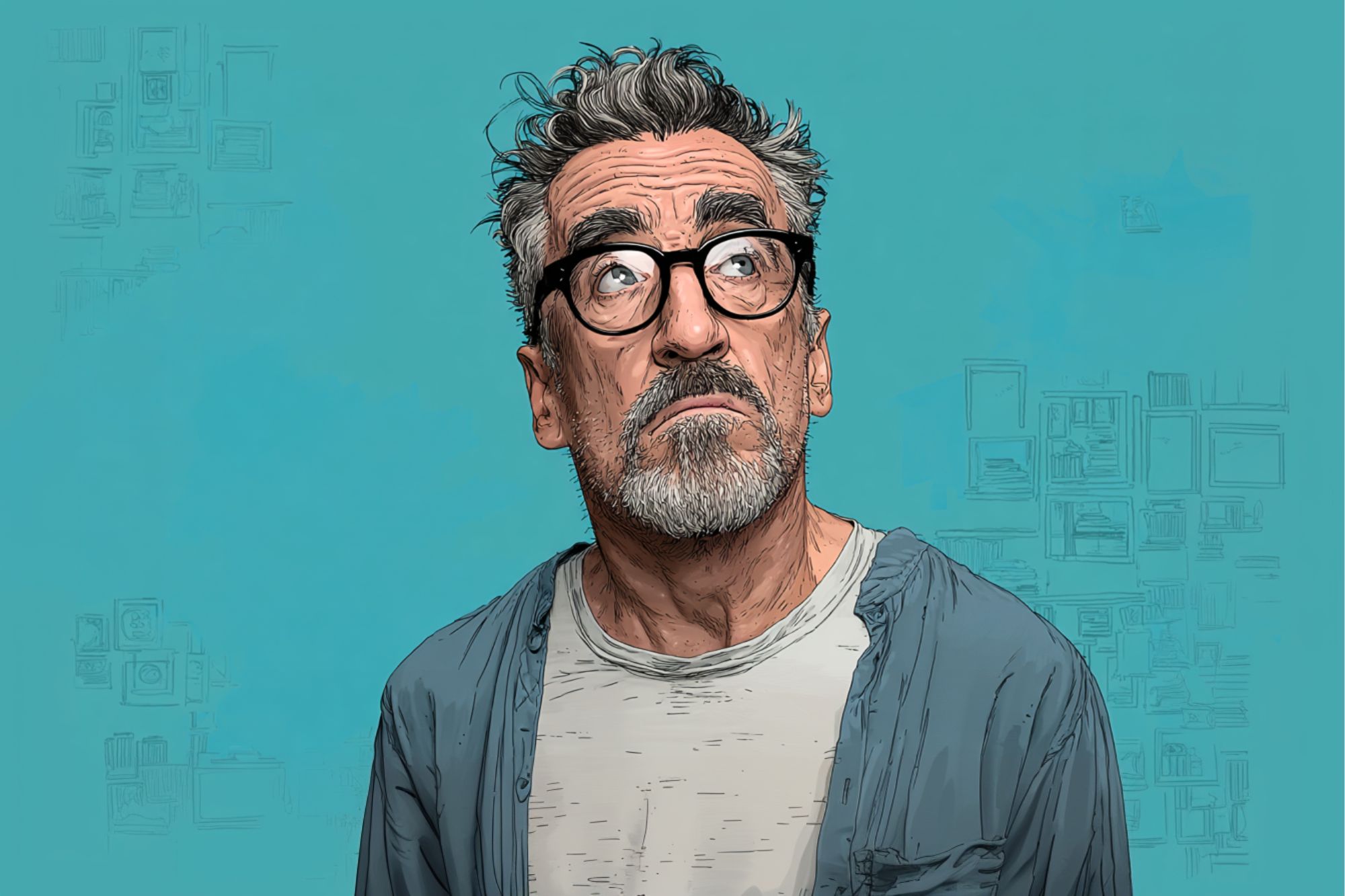 An older man with gray hair, a beard, and glasses looks up thoughtfully. He is wearing a white shirt and an open blue jacket, standing against a plain teal background with faint sketches of picture frames.