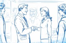 A man and woman smile and shake hands in an office, while two people watch. In the background, a woman appears angry, contrasting with the friendly scene in the foreground.