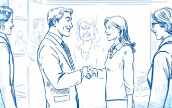 A man and woman smile and shake hands in an office, while two people watch. In the background, a woman appears angry, contrasting with the friendly scene in the foreground.