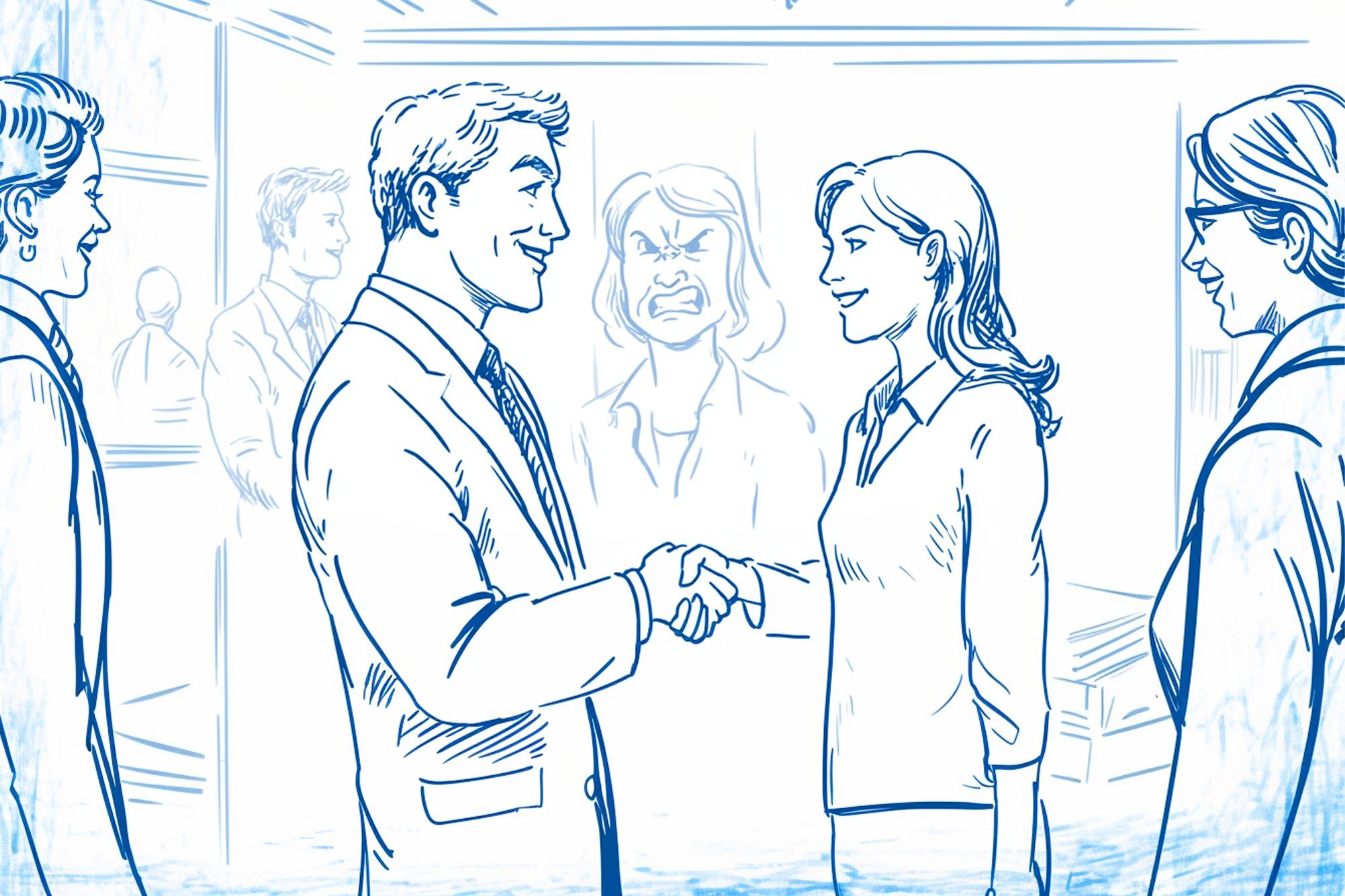 A man and woman smile and shake hands in an office, while two people watch. In the background, a woman appears angry, contrasting with the friendly scene in the foreground.