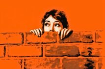 Illustrated person with dark hair peers nervously over a brick wall, showing only their eyes and hands, against a solid orange background.