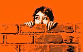 Illustrated person with dark hair peers nervously over a brick wall, showing only their eyes and hands, against a solid orange background.
