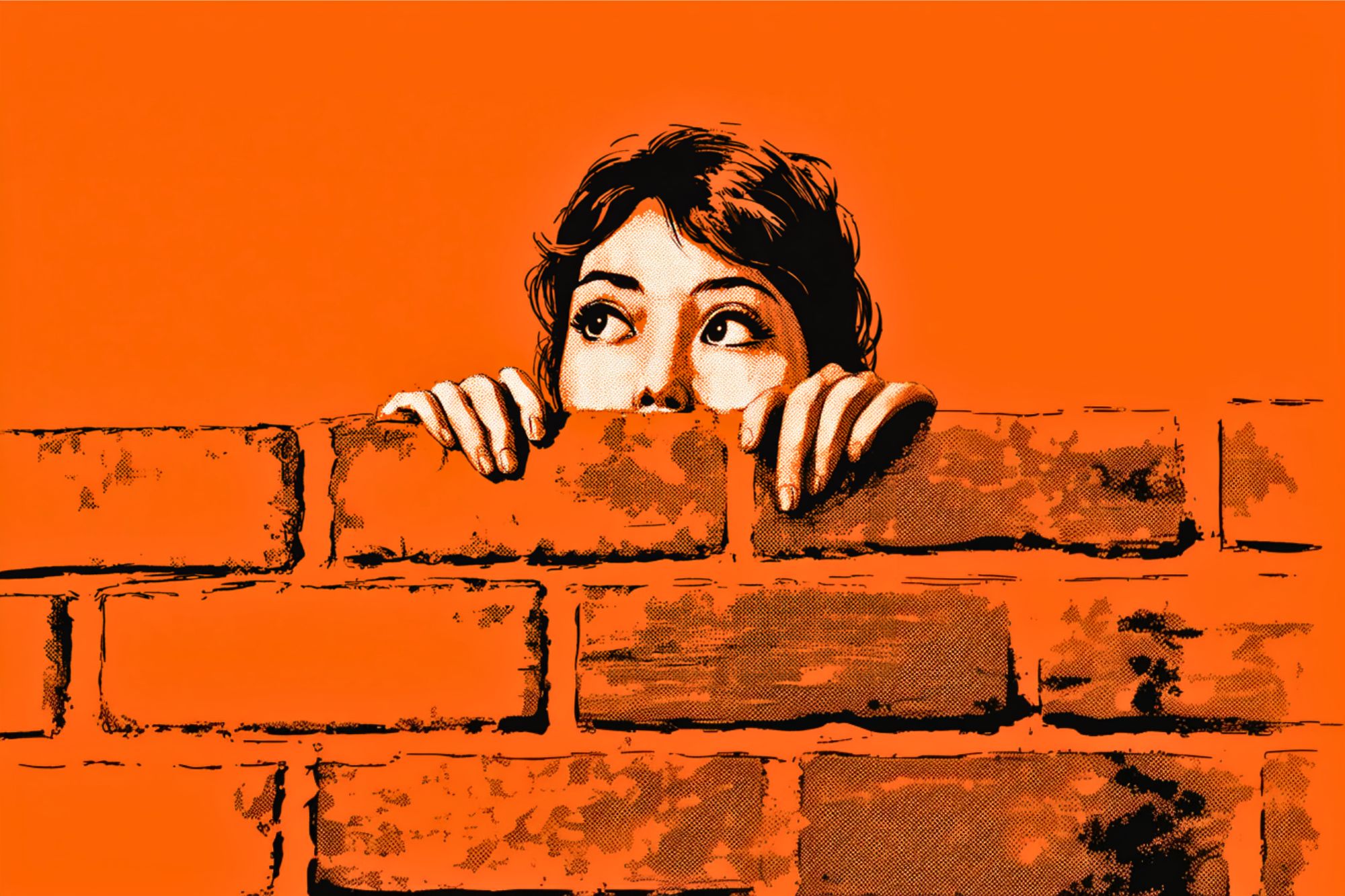 Illustrated person with dark hair peers nervously over a brick wall, showing only their eyes and hands, against a solid orange background.