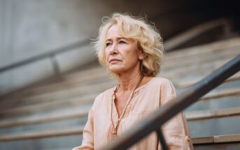An older woman with blonde hair and a light beige blouse sits on outdoor steps, looking ahead with a thoughtful, serious expression. The background is blurred, focusing attention on her face.