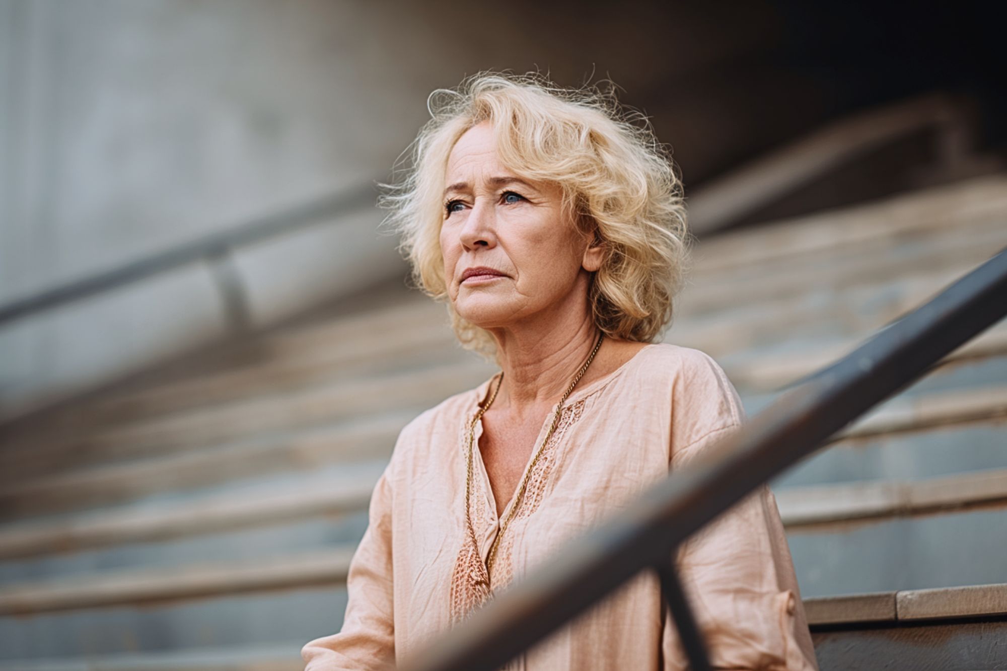 An older woman with blonde hair and a light beige blouse sits on outdoor steps, looking ahead with a thoughtful, serious expression. The background is blurred, focusing attention on her face.