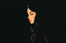 A stylized illustration of a woman with long dark hair, shown in profile against a black background, her face softly highlighted and her expression calm and introspective.
