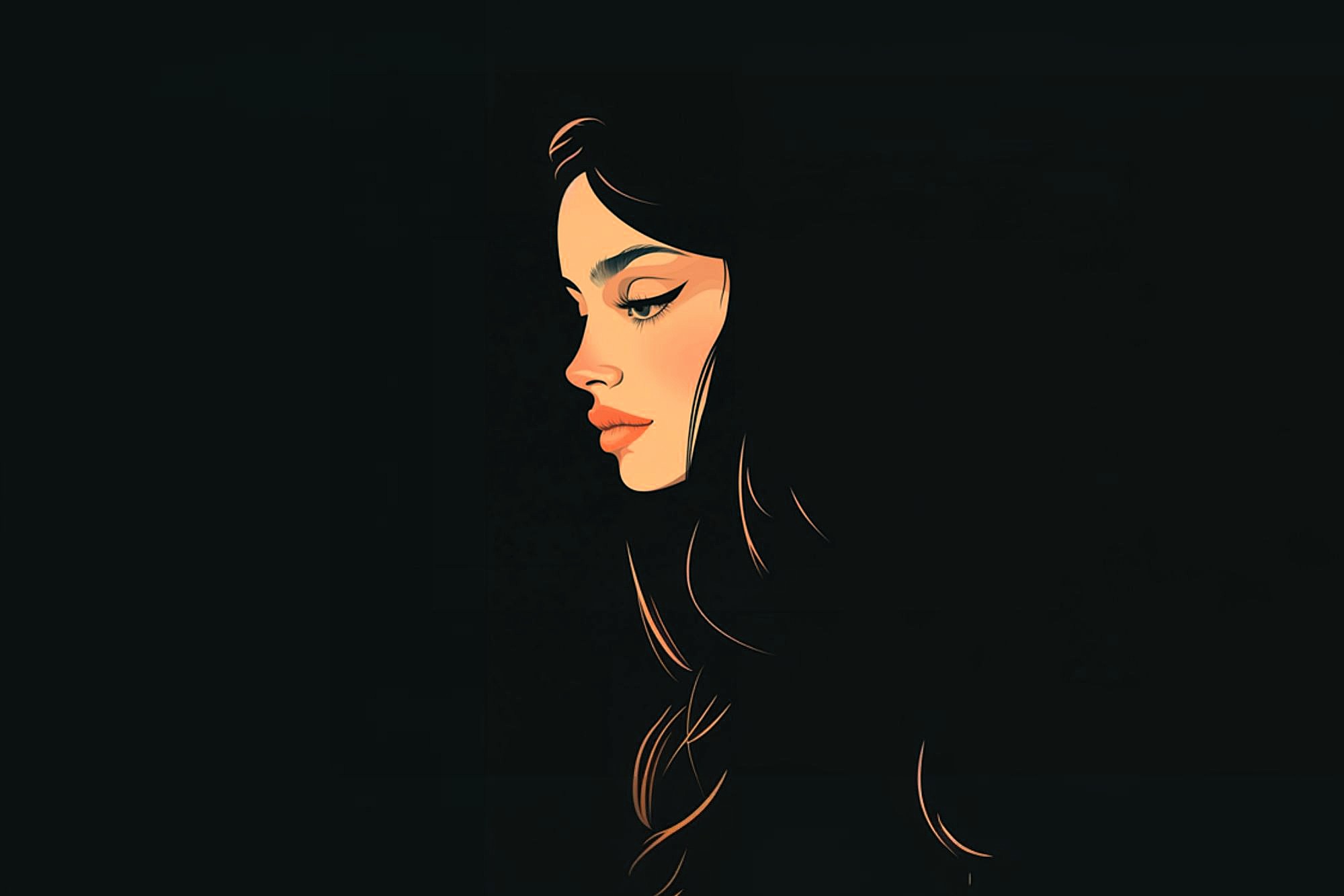 A stylized illustration of a woman with long dark hair, shown in profile against a black background, her face softly highlighted and her expression calm and introspective.