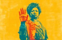 A woman with curly hair raises her hand, palm forward, in a stop gesture. The image has a bold, high-contrast effect with blue and orange tones on a bright yellow background.