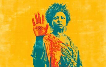 A woman with curly hair raises her hand, palm forward, in a stop gesture. The image has a bold, high-contrast effect with blue and orange tones on a bright yellow background.