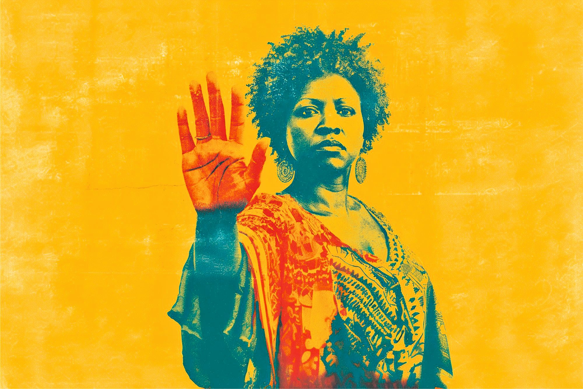 A woman with curly hair raises her hand, palm forward, in a stop gesture. The image has a bold, high-contrast effect with blue and orange tones on a bright yellow background.