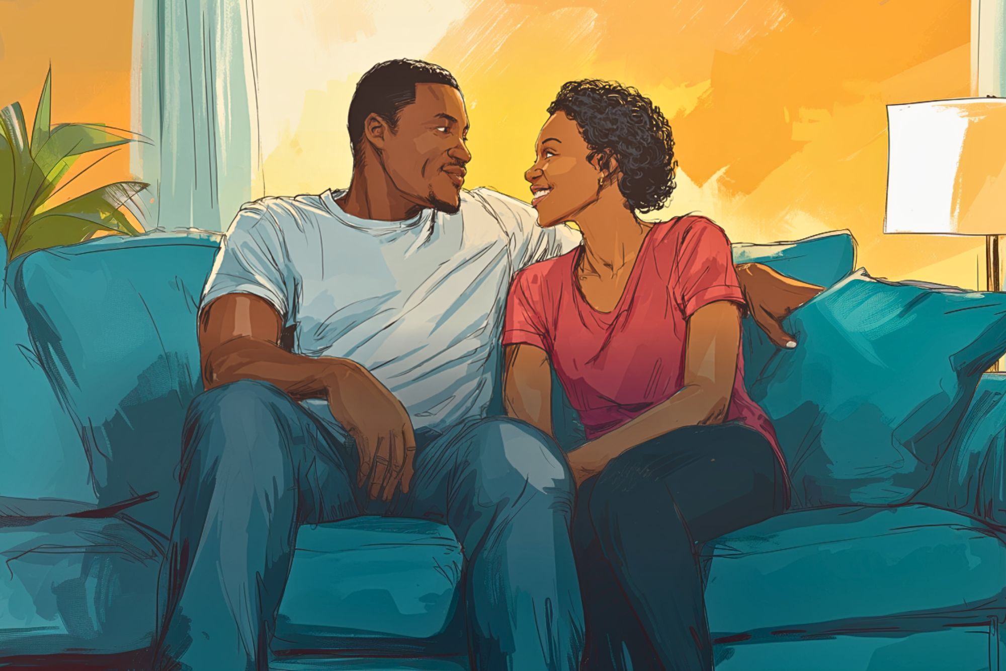 A couple sits close together on a blue couch, smiling and gazing at each other warmly in a cozy, sunlit living room with a lamp and plant in the background.