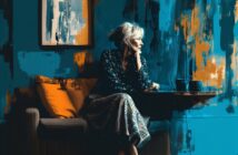 A woman with gray hair sits thoughtfully on a couch by a table with a cup, looking out. The background features abstract blue and orange painted walls and a matching cushion.