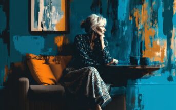A woman with gray hair sits thoughtfully on a couch by a table with a cup, looking out. The background features abstract blue and orange painted walls and a matching cushion.