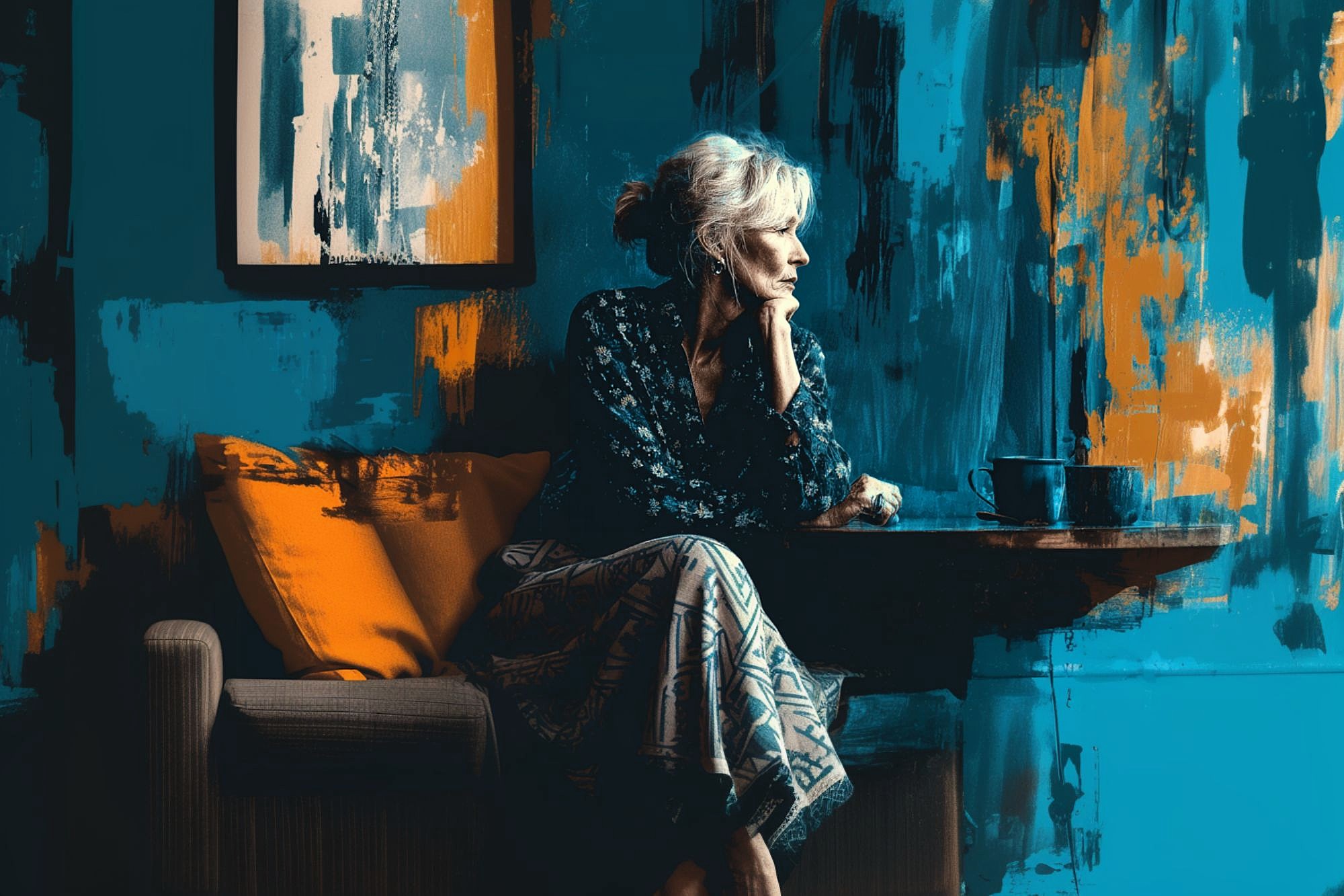 A woman with gray hair sits thoughtfully on a couch by a table with a cup, looking out. The background features abstract blue and orange painted walls and a matching cushion.