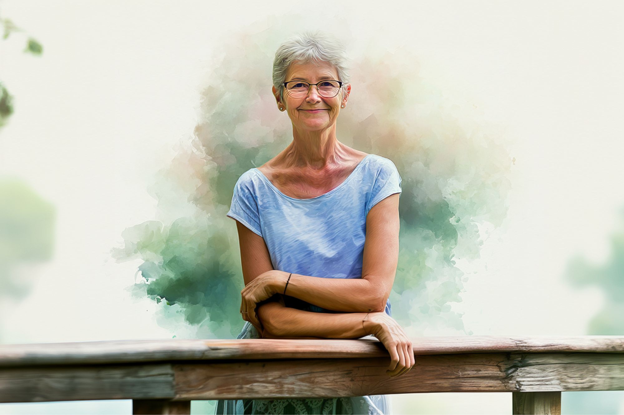 An older woman with short gray hair and glasses smiles while leaning on a wooden railing, wearing a light blue top with a blurred, pastel-colored background.