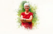 An older woman with short gray hair and glasses stands smiling with her arms crossed, wearing a red shirt, against a watercolor-style green and white background.