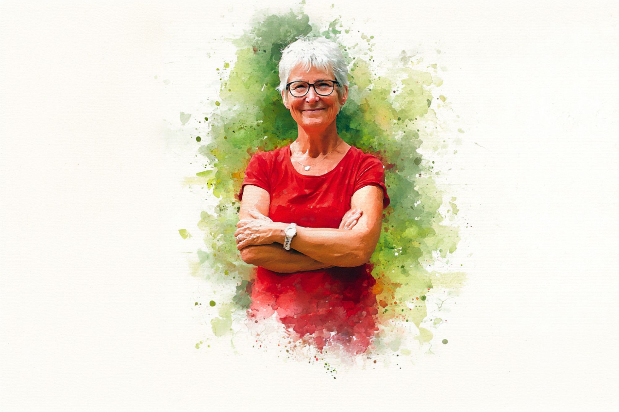 An older woman with short gray hair and glasses stands smiling with her arms crossed, wearing a red shirt, against a watercolor-style green and white background.
