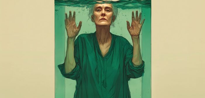 An older woman in a green robe stands inside a glass tank filled with water, pressing her hands against the glass and gazing forward with a serious expression. The water level reaches just above her shoulders.
