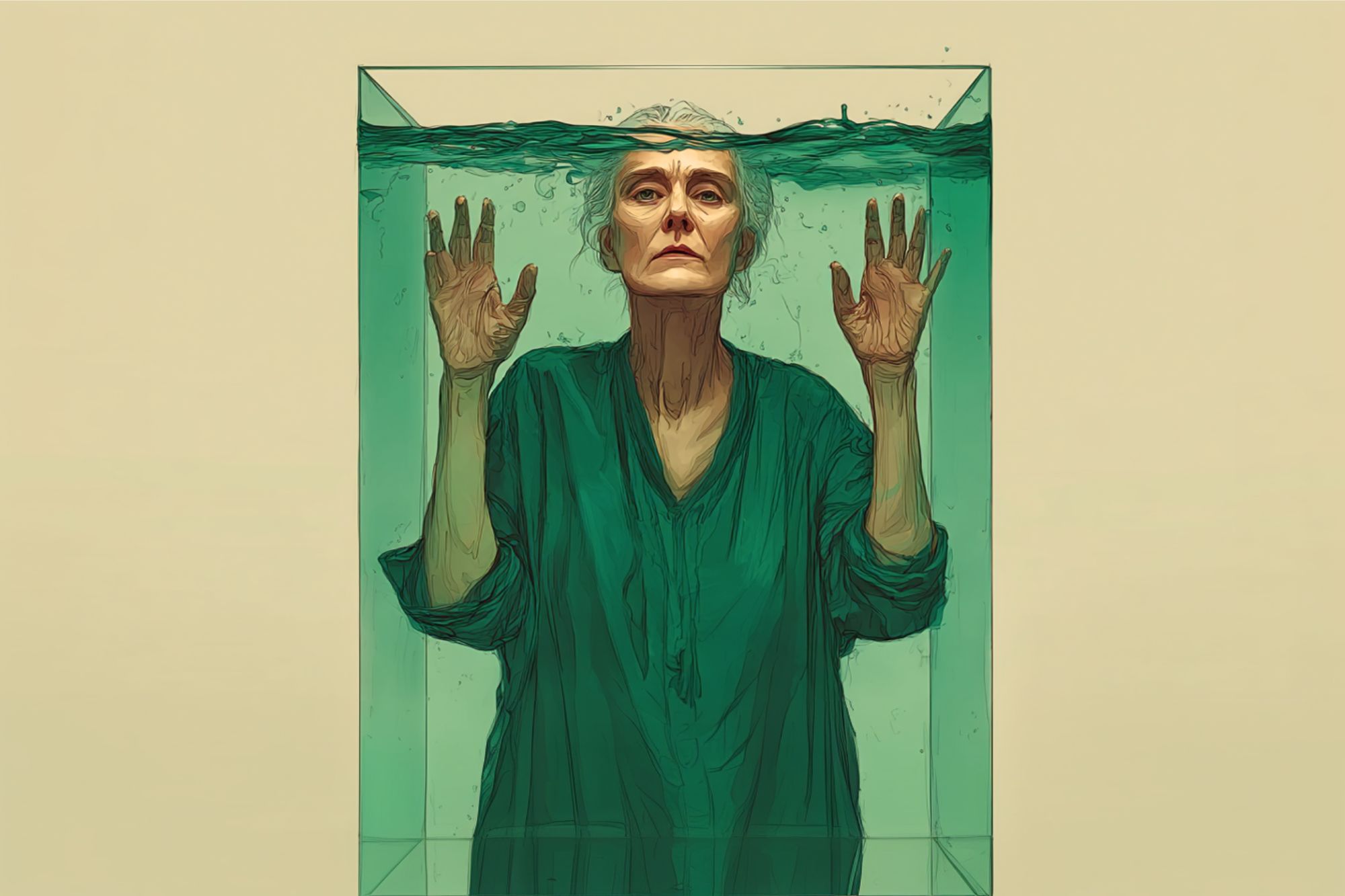 An older woman in a green robe stands inside a glass tank filled with water, pressing her hands against the glass and gazing forward with a serious expression. The water level reaches just above her shoulders.