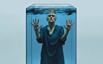 An older woman in a dark dress stands submerged in a glass tank filled with water, pressing her hands and face against the glass above the waterline, appearing distressed. The background is plain and light blue.