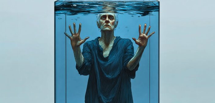 An older woman in a dark dress stands submerged in a glass tank filled with water, pressing her hands and face against the glass above the waterline, appearing distressed. The background is plain and light blue.