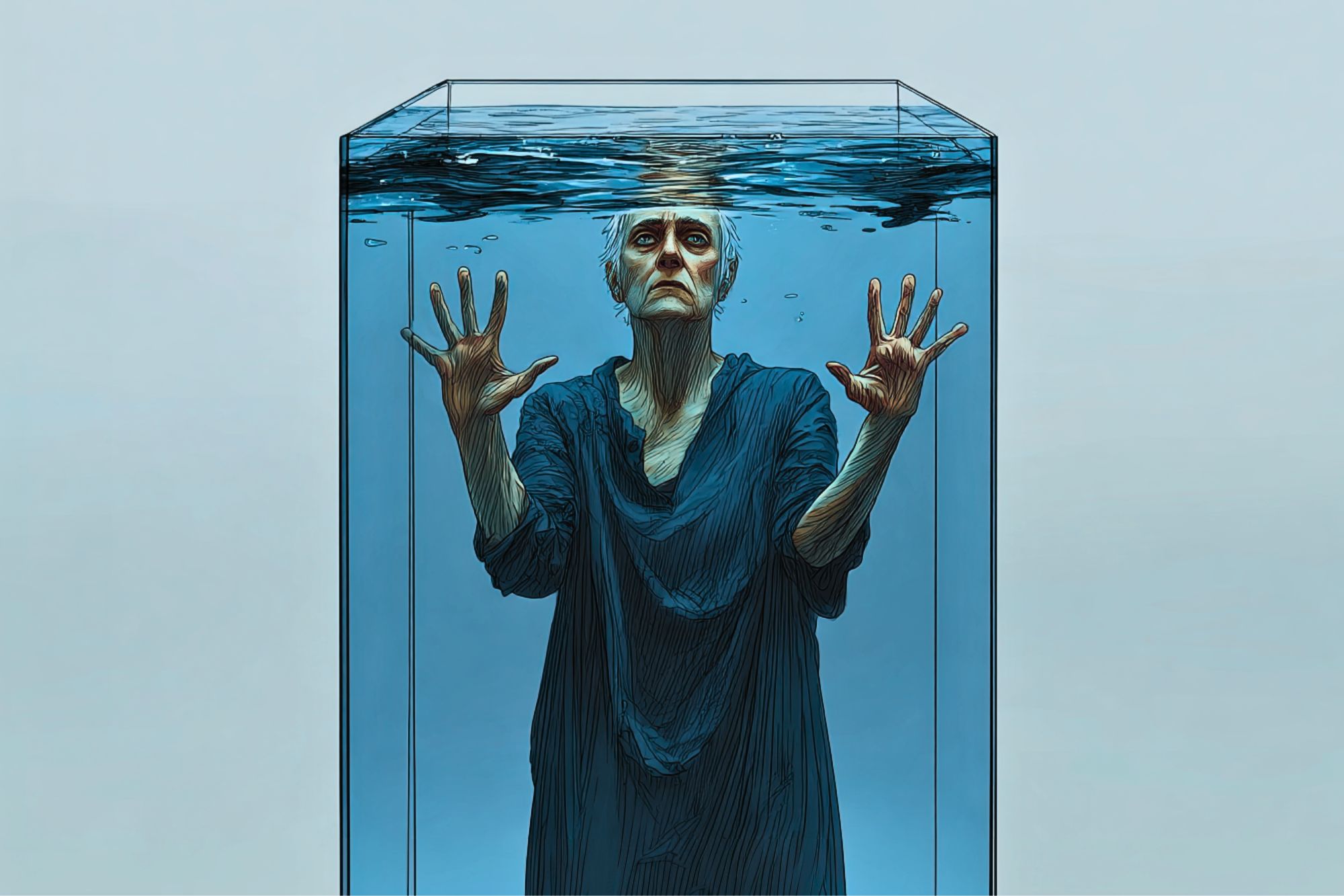 An older woman in a dark dress stands submerged in a glass tank filled with water, pressing her hands and face against the glass above the waterline, appearing distressed. The background is plain and light blue.