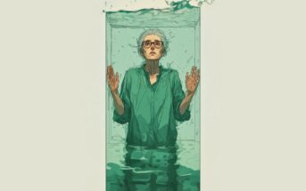 An older person with glasses and gray hair stands partially submerged in a tall glass tank filled with water, hands pressed against the glass, looking upward with a serious expression. Water splashes at the top of the tank.