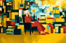A woman with white hair in a red dress sits thoughtfully in a chair, surrounded by colorful abstract boxes, books, and swirling patterns in yellow, teal, and orange tones.