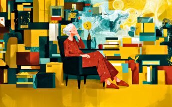 A woman with white hair in a red dress sits thoughtfully in a chair, surrounded by colorful abstract boxes, books, and swirling patterns in yellow, teal, and orange tones.