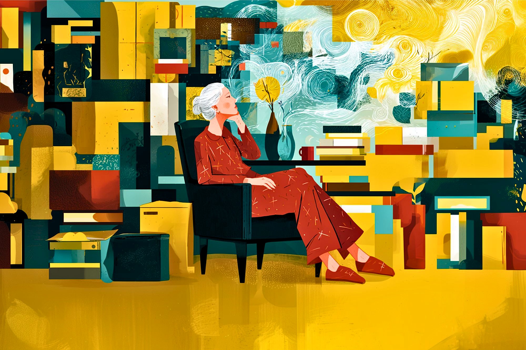 A woman with white hair in a red dress sits thoughtfully in a chair, surrounded by colorful abstract boxes, books, and swirling patterns in yellow, teal, and orange tones.