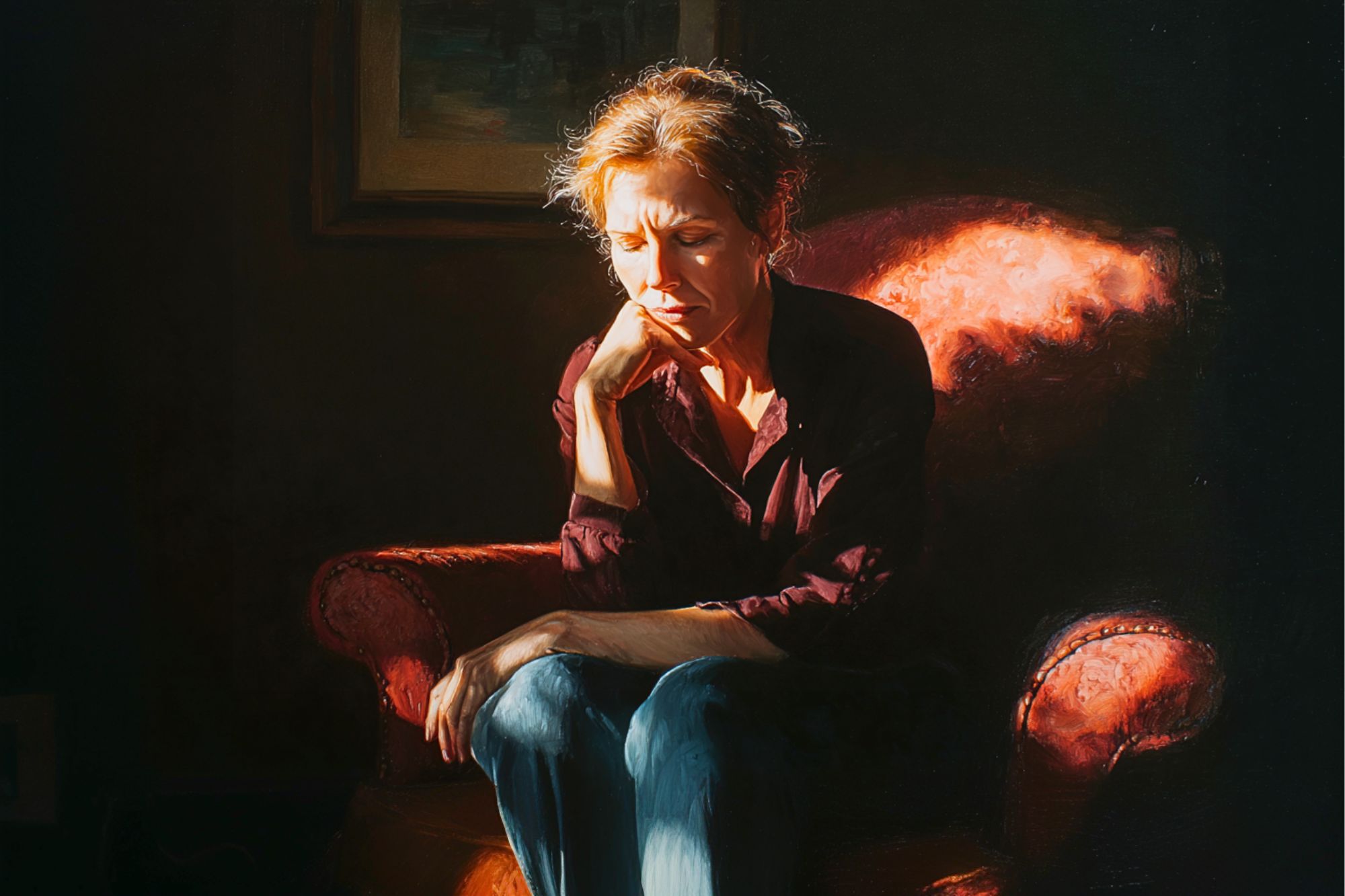 A woman sits on a red armchair in a dimly lit room, resting her chin on her hand and looking down with a thoughtful or somber expression. Warm light highlights her face and the chair.