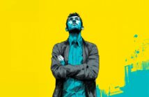 Illustrated man with arms crossed, wearing glasses and looking upward. The artwork uses bold blue and yellow colors with a textured, abstract background.