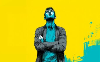 Illustrated man with arms crossed, wearing glasses and looking upward. The artwork uses bold blue and yellow colors with a textured, abstract background.
