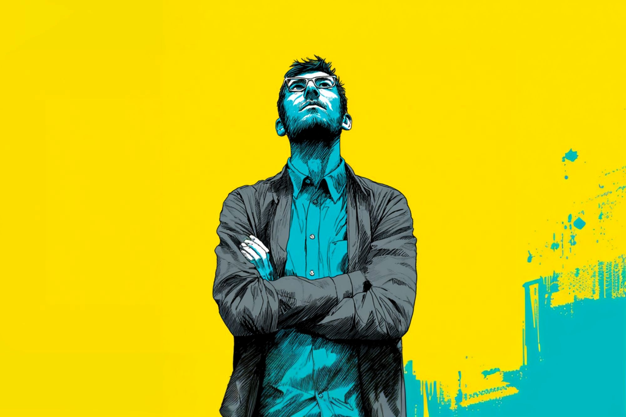 Illustrated man with arms crossed, wearing glasses and looking upward. The artwork uses bold blue and yellow colors with a textured, abstract background.